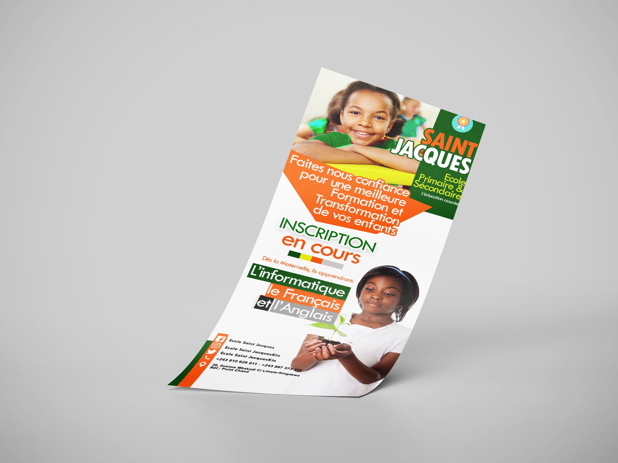 École Saint Jacques — Flyer d'inscription — primaire et secondaire, dès la maternelle.